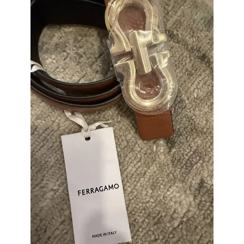 Ferragamo Reversible Gancini belt Cognac/black Gold Buckle Womens Sz 90 NWT $489